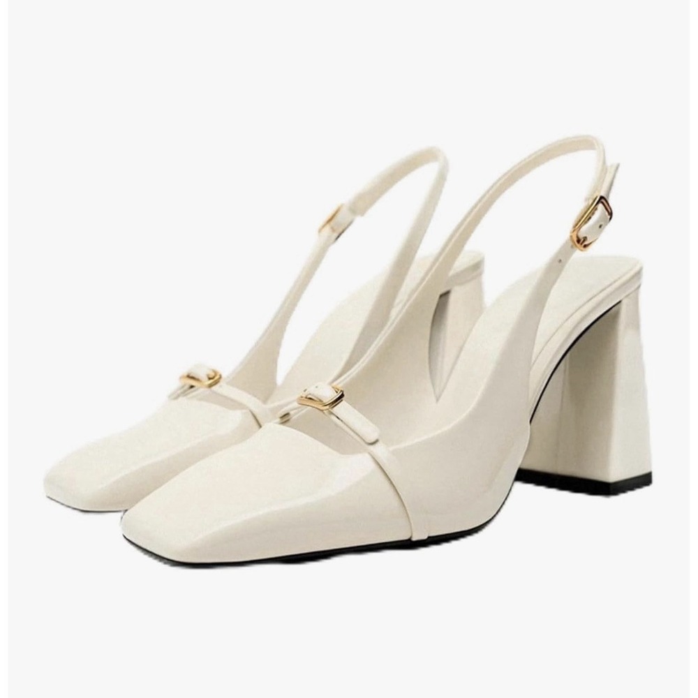 Zara Womens Cream Slingback Block Heels Square Toe Minimalist‎ Chic Size 7 Mod